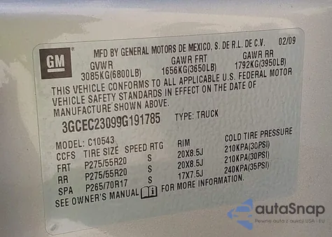 2009 Chevrolet Silverado 1500 Lt z USA, uszkodzony, nr VIN 3GCEC23099G191785
